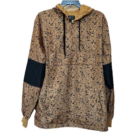 G Net Hooded Windbreaker Womens Lg Pullover 1/4 Zip Blk Tan - Picture 1 of 7
